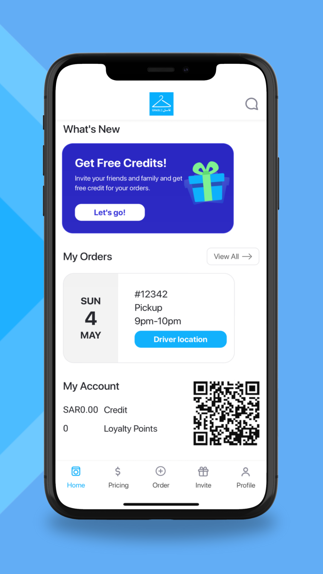 شاشة رئيسية لتطبيق غاسل على الهاتف